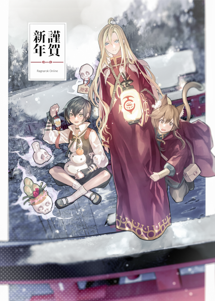 3boys, ahat_(ragnarok_online), ahoge, animal_ear_fluff, animal_ears, bag, bangs, black_footwear