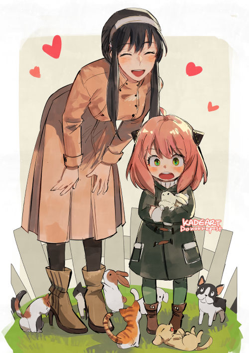 2girls, ahoge, animal, anya_(spy_x_family), black_coat, black_hair, blush, brown_coat