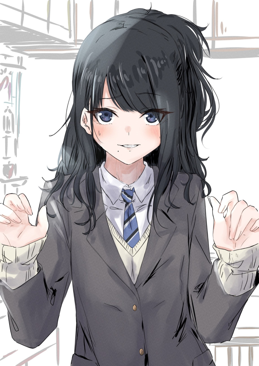 1girl, black_hair, blush, grey_jacket, grin, highres, idolmaster, idolmaster_shiny_colors