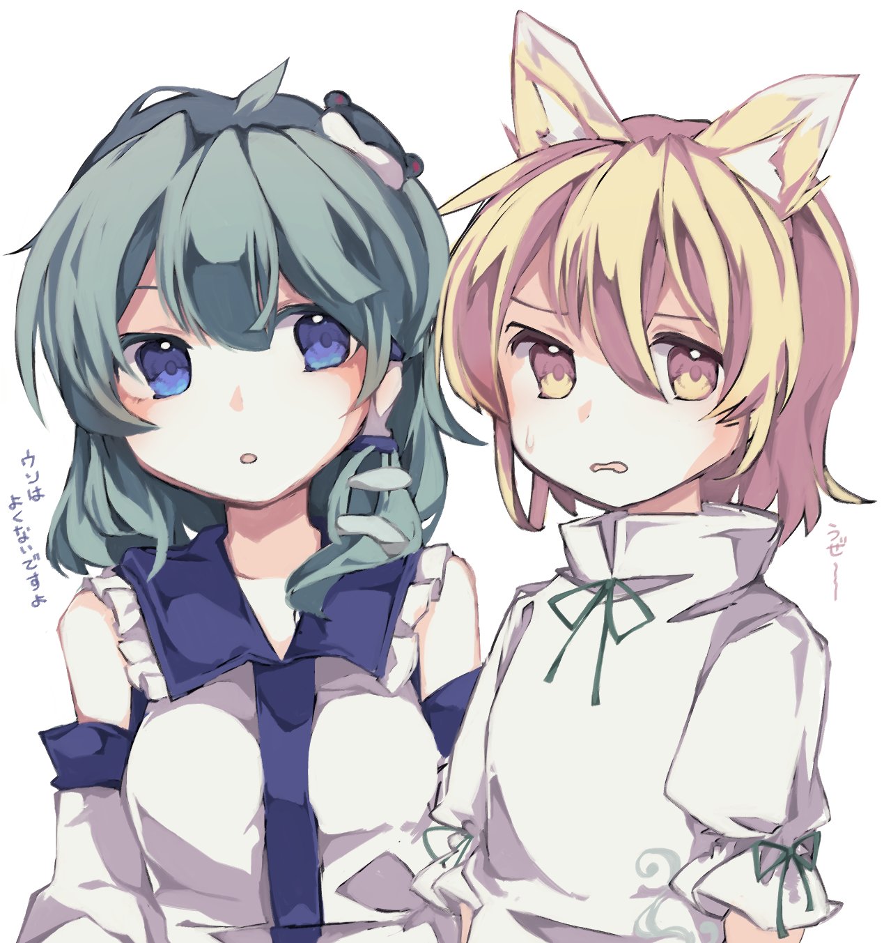 2girls, ahoge, animal_ear_fluff, animal_ears, bangs, bare_shoulders, blonde_hair, blue_eyes