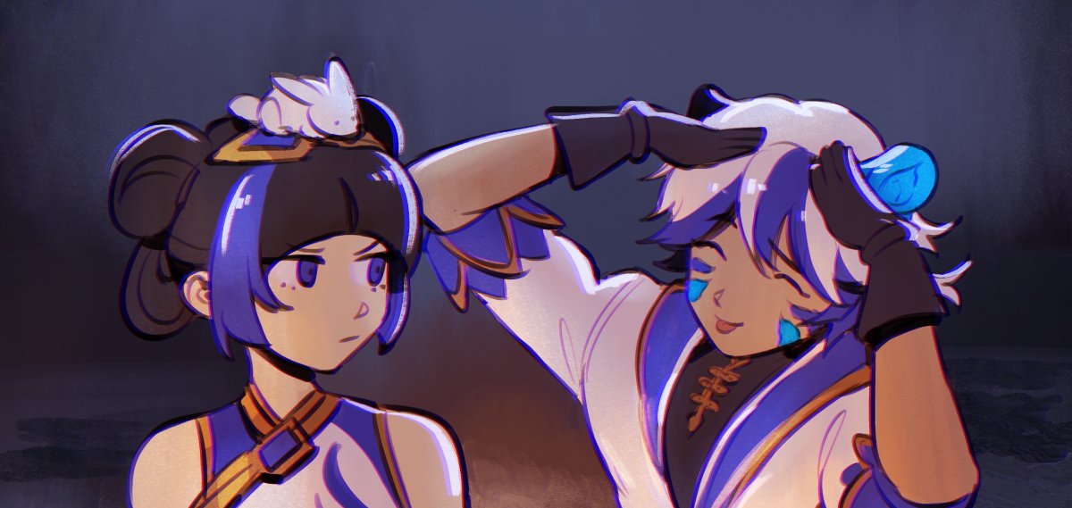 1boy, 1girl, ah_eto..._bleh_(meme), animal_ears, annoyed, bangs, bare_shoulders, black_gloves, black_hair, blue_hair, blue_jacket, closed_mouth, ezreal, facepaint, facing_another, gloves, hair_ornament, jacket, league_of_legends, looking_at_another, lux_(league_of_legends), meme, official_alternate_costume, porcelain_ezreal, porcelain_lux, rabbit_hair_ornament, shiny, shiny_hair, short_hair, short_sleeves, sudo_(pseudostars), taiho_shichauzo, tiger_ears, tongue, tongue_out, upper_body, white_hair, white_jacket