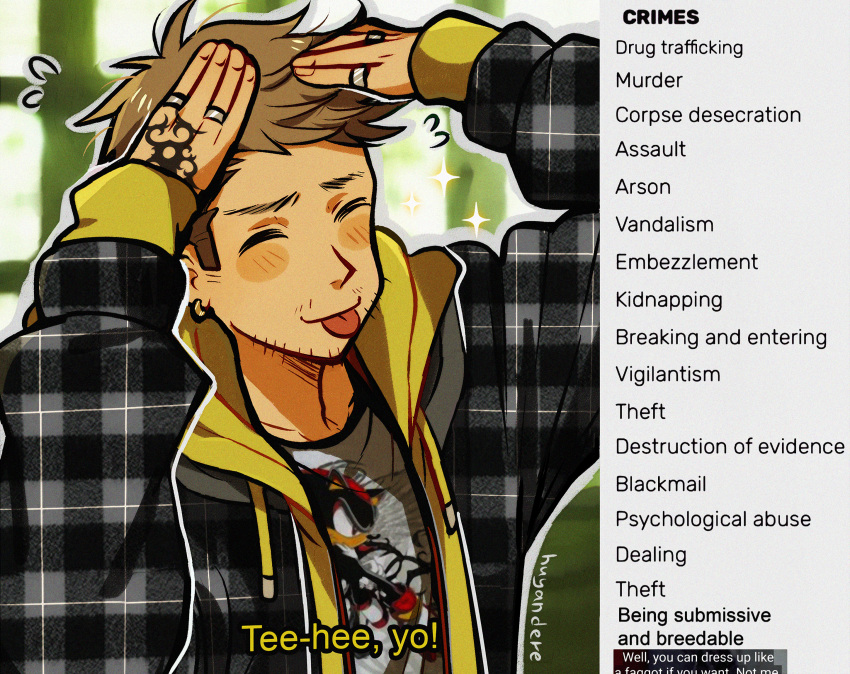 1boy, ah_eto..._bleh_(meme), black_jacket, blush, breaking_bad, brown_hair, closed_eyes, closed_mouth