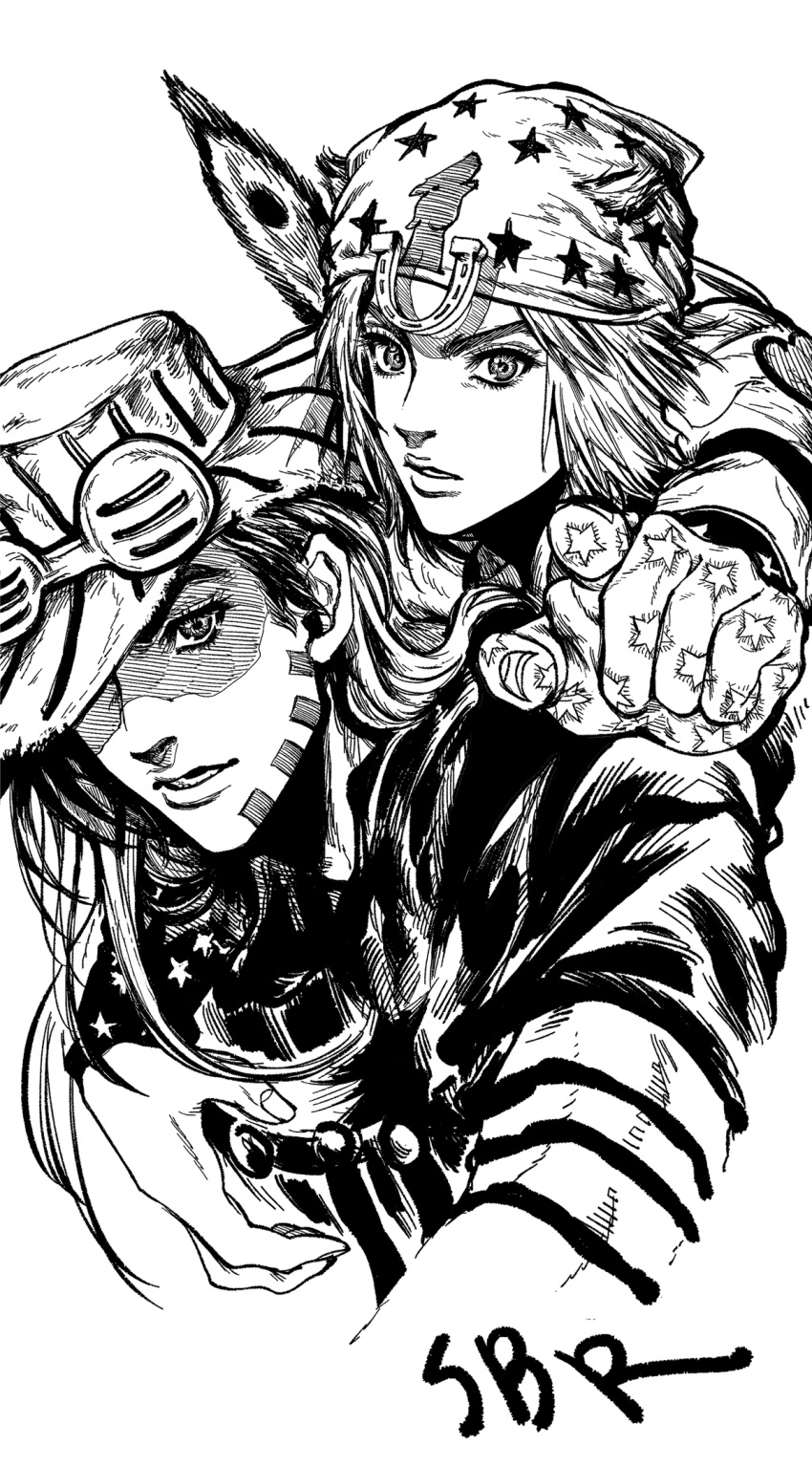 2boys, beard, copyright_name, cowboy_hat, facial_hair, feathers, goggles, greyscale