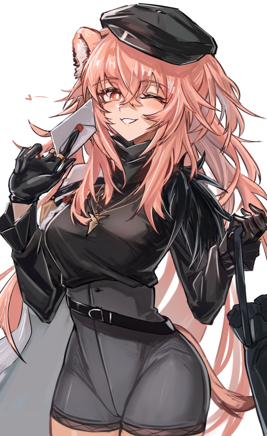 1girl, animal_ears, arknights, bag, belt, black_coat, black_gloves, black_headwear