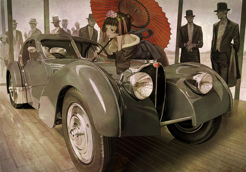 1girl, 6+boys, bare_shoulders, beard, bent_over, black_hair, bugatti, car