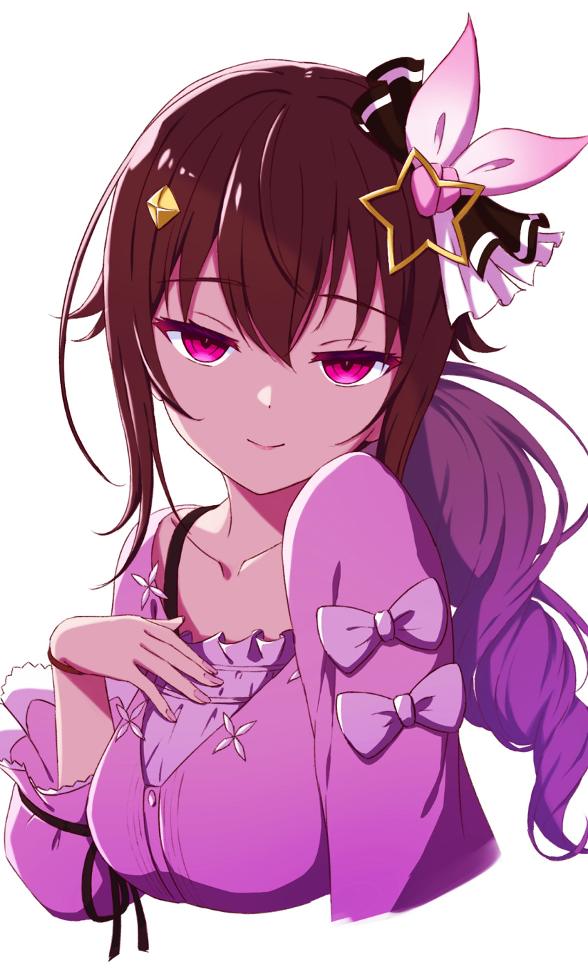 1girl, bow, bracelet, brown_hair, frilled_sleeves, frills, hachiman_tanuki, hair_bow