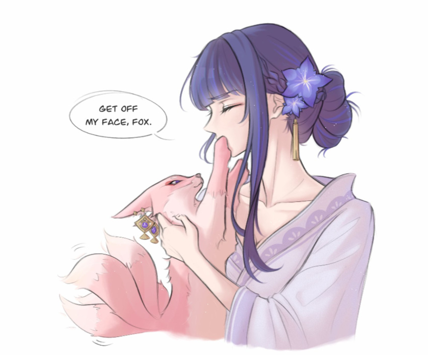 1girl, alternate_form, alternate_hairstyle, animal, bangs, blunt_bangs, blush, braid, braided_ponytail, closed_eyes, closed_mouth, commentary, earrings, english_commentary, fox, genshin_impact, hair_bun, hair_ornament, highres, holding, holding_animal, jewelry, mole, mole_under_eye, pink_fur, purple_hair, raiden_shogun, reindiiw, simple_background, single_braid, smile, solo, tattoo, white_background, yae_miko, yae_miko_(fox)