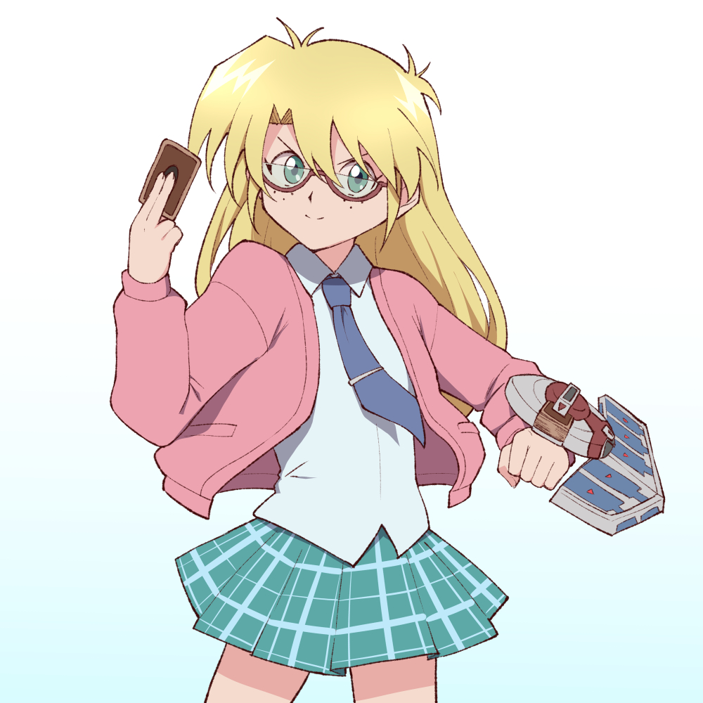 1girl, bangs, blonde_hair, blue_necktie, card, commentary_request, duel_disk, freckles, glasses, green_eyes, green_skirt, holding, holding_card, jacket, long_hair, mizutenka, necktie, pink_jacket, plaid, plaid_skirt, pleated_skirt, rebecca_hopkins, red-framed_eyewear, school_uniform, semi-rimless_eyewear, semicircular_eyewear, shirt, simple_background, skirt, smile, solo, white_background, white_shirt, yu-gi-oh!, yu-gi-oh!_duel_monsters