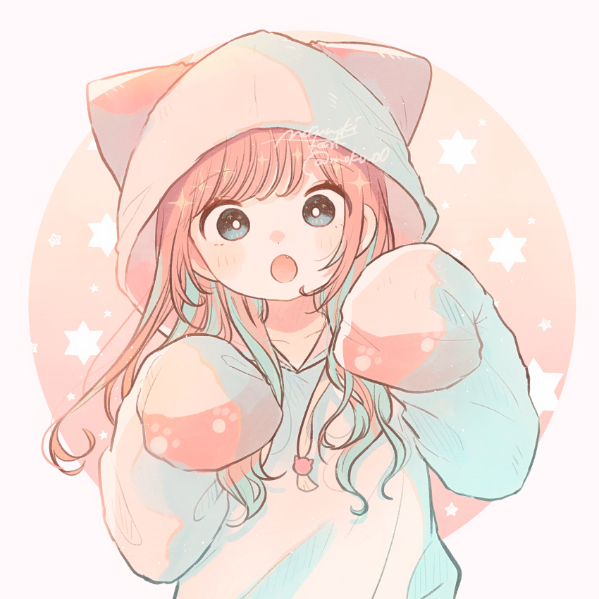 1girl, :o, absurdres, animal_hood, blue_eyes, blush, collarbone, commentary, drawstring, fang, highres, hood, hoodie, long_hair, looking_at_viewer, lupinus4869, open_mouth, orange_hair, original, red_background, signature, sleeves_past_fingers, sleeves_past_wrists, solo, upper_body, white_background, white_hoodie