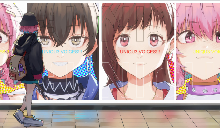 #unicus_(idolmaster), 3girls, ad, backpack, bag, black_hoodie, bright_pupils, bucket_hat, earrings, from_behind, full_body, grin, hat, heart, heart_earrings, hood, hoodie, idolmaster, idolmaster_cinderella_girls, jewelry, looking_at_object, looking_at_viewer, multiple_girls, portrait, sawarakajin, sharp_teeth, shoes, smile, sneakers, sunazuka_akira, teeth, tile_floor, tiles, tsujino_akari, yumemi_riamu
