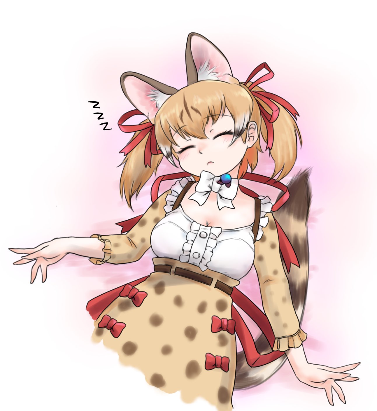 1girl, animal_costume, animal_ear_fluff, animal_ears, belt, bow, bowtie, brown_hair, cat_ears, cat_girl, cat_tail, closed_eyes, closed_mouth, extra_ears, highres, kemono_friends, kemono_friends_v_project, large-spotted_genet_(kemono_friends), long_hair, microphone, multicolored_hair, ribbon, saja_(166j357), shirt, simple_background, skirt, sleeping, solo, suspenders, tail, twintails, virtual_youtuber