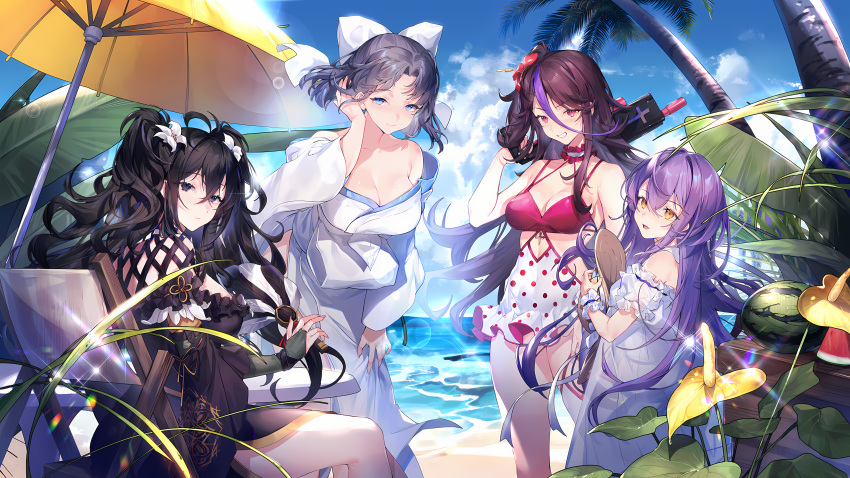 4girls, absurdres, bangs, beach, benghuai_xueyuan, black_dress, black_hair, blue_eyes