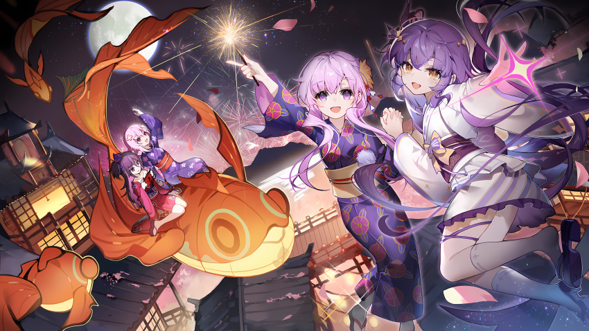 4girls, absurdres, benghuai_xueyuan, blonde_hair, character_request, fireworks, full_moon, highres