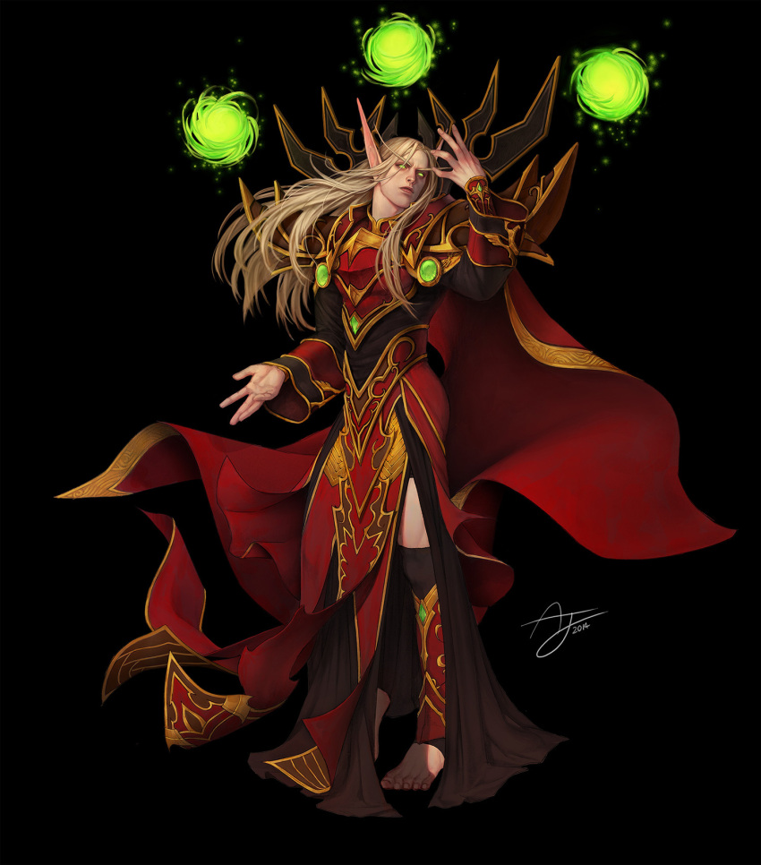 1boy, angju, armor, blonde_hair, blood_elf_(warcraft), cape, colored_sclera, elf