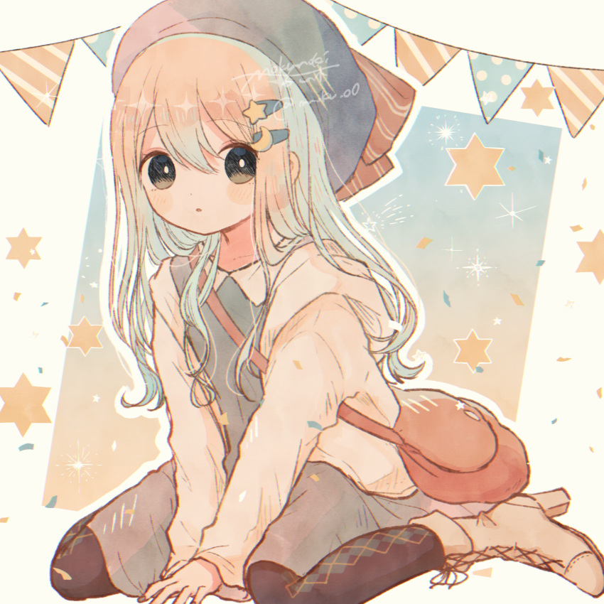 1girl, absurdres, bag, bangs, black_thighhighs, blue_dress, blush, blush_stickers