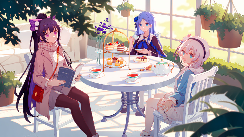 3girls, :d, absurdres, bangs, benghuai_xueyuan, beret, black_shirt, blue_eyes, blue_hair, blue_jacket, book, bow, brown_coat, brown_footwear, cake, cake_slice, coat, couch, cup, food, grey_skirt, hair_bow, hat, highres, holding, holding_book, holding_cup, holding_plate, honkai_(series), honkai_impact_3rd, jacket, jyahnar_(benghuai_xueyuan), long_hair, long_sleeves, multiple_girls, official_art, open_mouth, pink_scarf, plate, ponytail, purple_bow, purple_hair, raiden_mei, sailor_collar, scarf, shirt, shoes, sitting, skirt, smile, table, tea, teacup, teapot, theresa_apocalypse, thigh-highs, white_hair, white_headwear, white_skirt, window