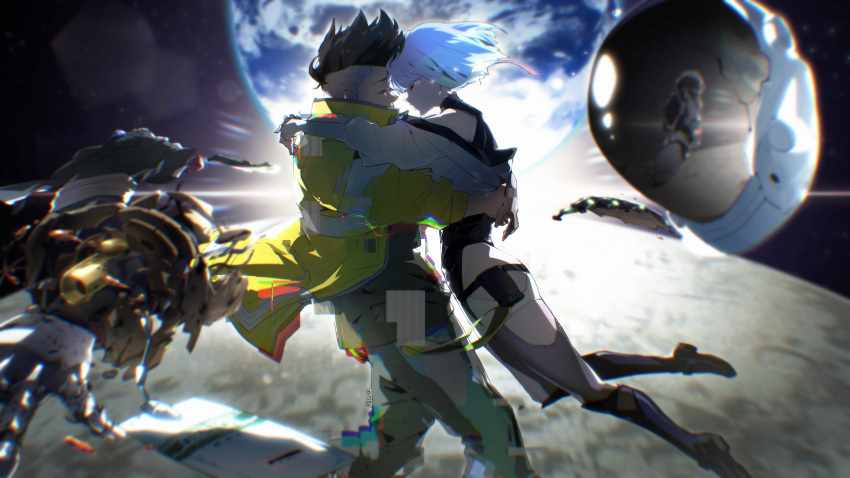1boy, 1girl, absurdres, badluck, closed_eyes, cyberpunk, cyberpunk_(series), cyberpunk_edgerunners