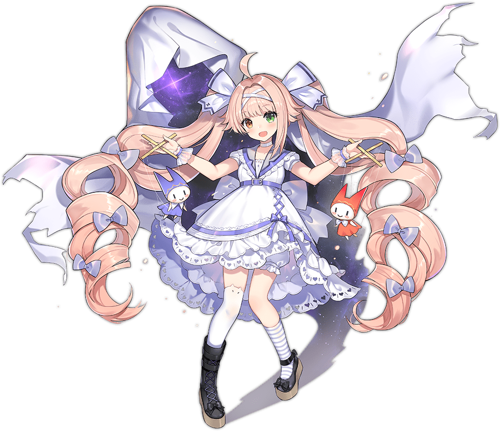 1girl, ahoge, animal_ear_legwear, ark_order, asymmetrical_footwear, asymmetrical_legwear, bangs, black_footwear, boots, bow, cat_ear_legwear, dress, drill_hair, electricity, frilled_dress, frills, full_body, gemini_(ark_order), ghost, green_eyes, hair_bow, hairband, hatoyama_itsuru, heterochromia, lace-trimmed_dress, lace_trim, long_hair, mary_janes, mismatched_footwear, mismatched_legwear, official_art, pink_hair, puppet, puppet_strings, purple_belt, purple_bow, shoes, shorts, sidelocks, single_boot, single_shoe, single_sock, single_thighhigh, socks, solo, striped, striped_socks, tachi-e, teeth, thigh-highs, transparent_background, twin_drills, uneven_legwear, very_long_hair, white_dress, white_hairband, white_shorts, white_socks, white_thighhighs, yellow_eyes