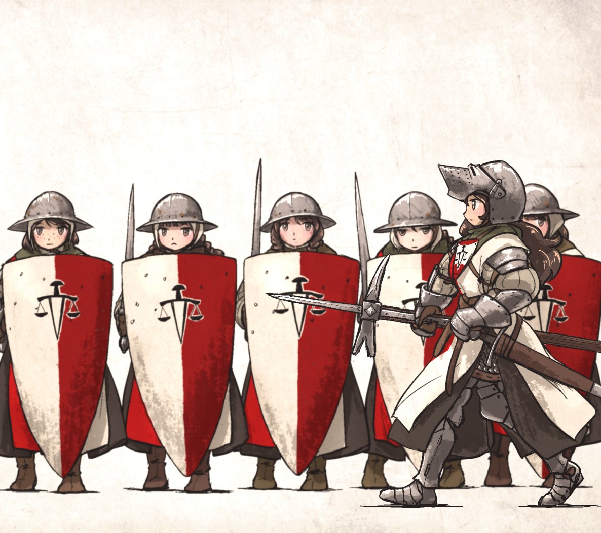 armor, boots, brown_hair, emblem, gambeson, gauntlets, gloves, greaves