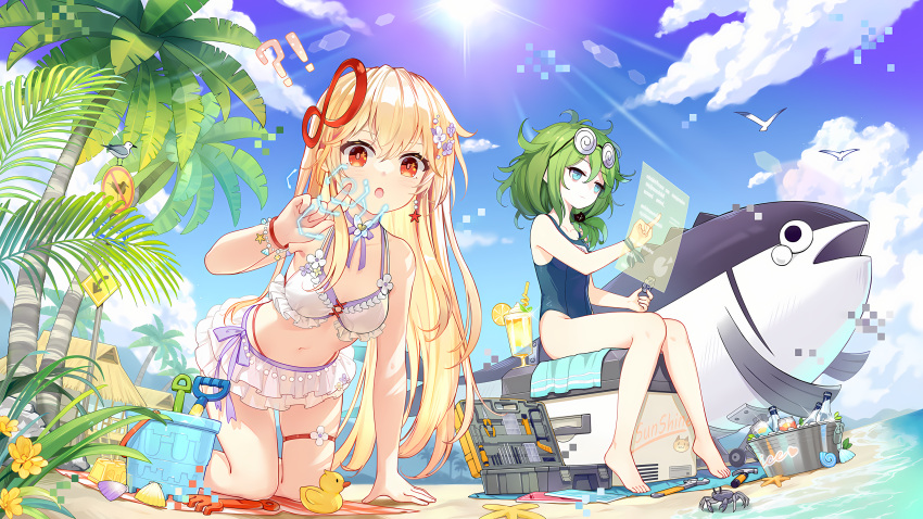 !?, 2girls, absurdres, barefoot, beach, benghuai_xueyuan, bikini, bikini_skirt