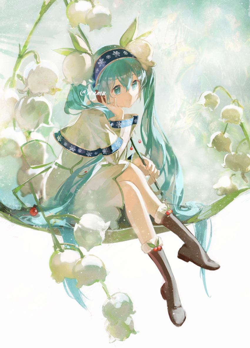 1girl, ainu_clothes, aqua_eyes, aqua_hair, berry, blue_hairband, boots, capelet