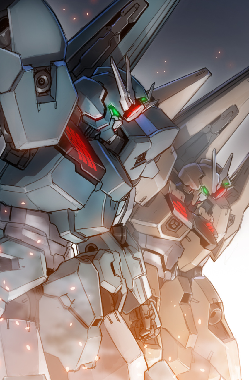 clenched_hand, embers, from_side, glowing, glowing_eyes, green_eyes, gundam, gundam_lfrith_thorn