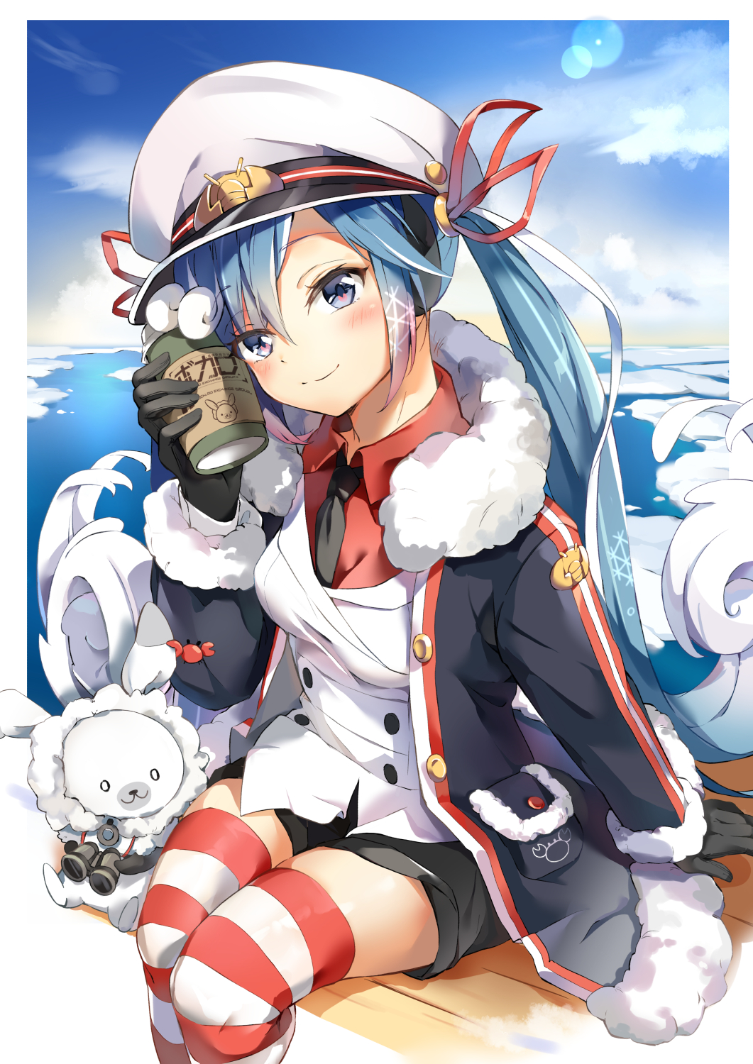 1girl, 1other, animal, badge, binoculars, black_coat, black_gloves, black_necktie, black_shorts, blue_eyes, blue_hair, blush, border, clouds, coat, coffee_cup, colored_tips, commentary, crab_print, cup, day, disposable_cup, fur-trimmed_coat, fur-trimmed_hood, fur_trim, fuwashima, gloves, hair_ribbon, hat, hatsune_miku, head_tilt, heart, heart_in_eye, highres, holding, holding_cup, hood, hood_up, ice_floe, jacket, lens_flare, long_hair, looking_at_viewer, military, military_uniform, multicolored_hair, naval_uniform, necktie, ocean, outdoors, peaked_cap, pocket, rabbit, rabbit_yukine, red_ribbon, red_shirt, red_thighhighs, ribbon, shirt, short_shorts, shorts, sitting, smile, snowflake_print, striped, striped_thighhighs, symbol_in_eye, thigh-highs, uniform, very_long_hair, vocaloid, wavy_hair, white_border, white_hair, white_headwear, white_jacket, yuki_miku, yuki_miku_(2022)