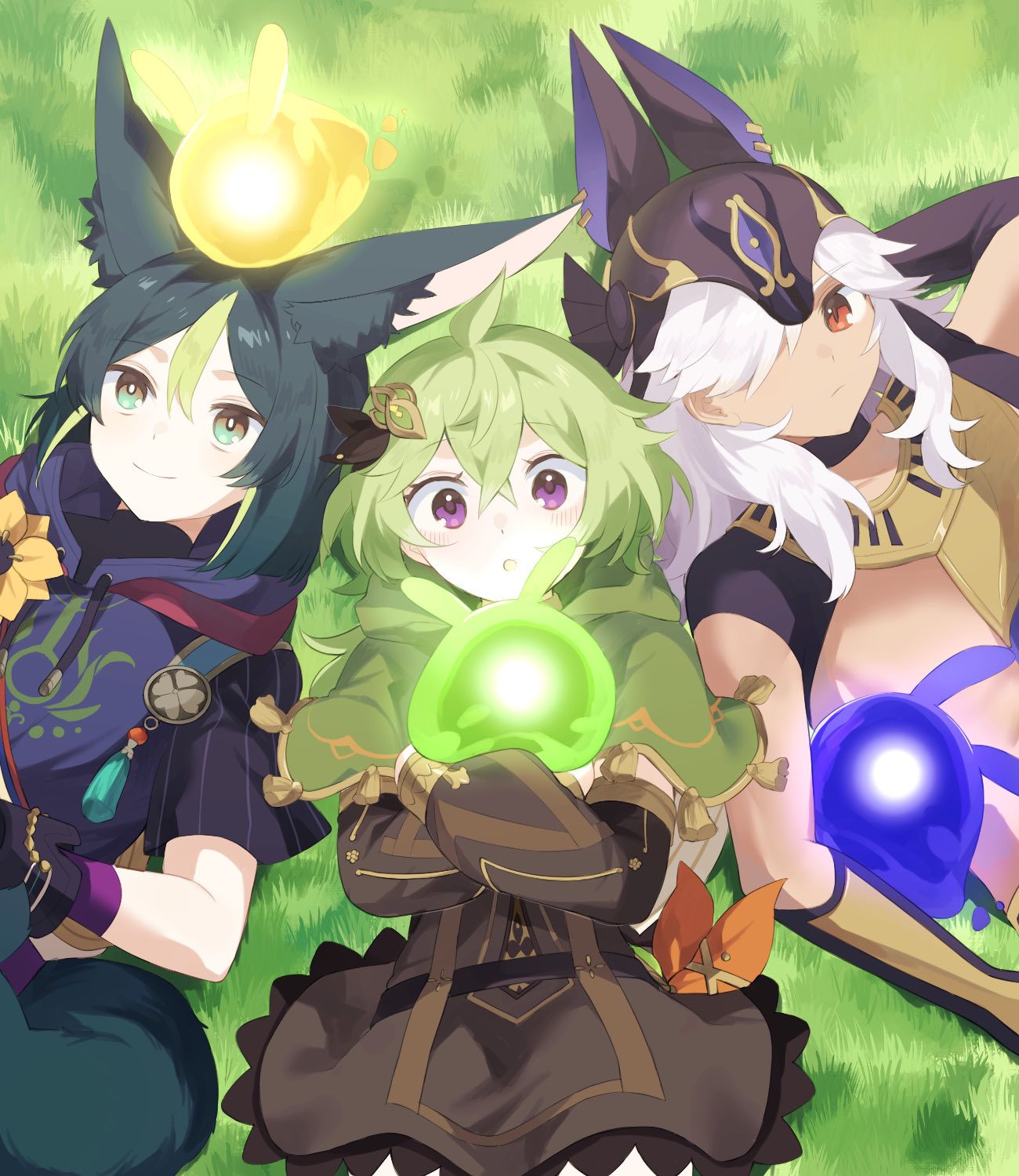 1girl, 2boys, animal_ear_fluff, animal_ears, bangs, bright_pupils, collei_(genshin_impact), commentary_request, crossed_bangs, cyno_(genshin_impact), fox_ears, genshin_impact, green_eyes, green_hair, hair_between_eyes, hair_over_one_eye, highres, multicolored_hair, multiple_boys, nneiro, red_eyes, seelie_(genshin_impact), sidelocks, smile, streaked_hair, tighnari_(genshin_impact), violet_eyes, white_hair, white_pupils