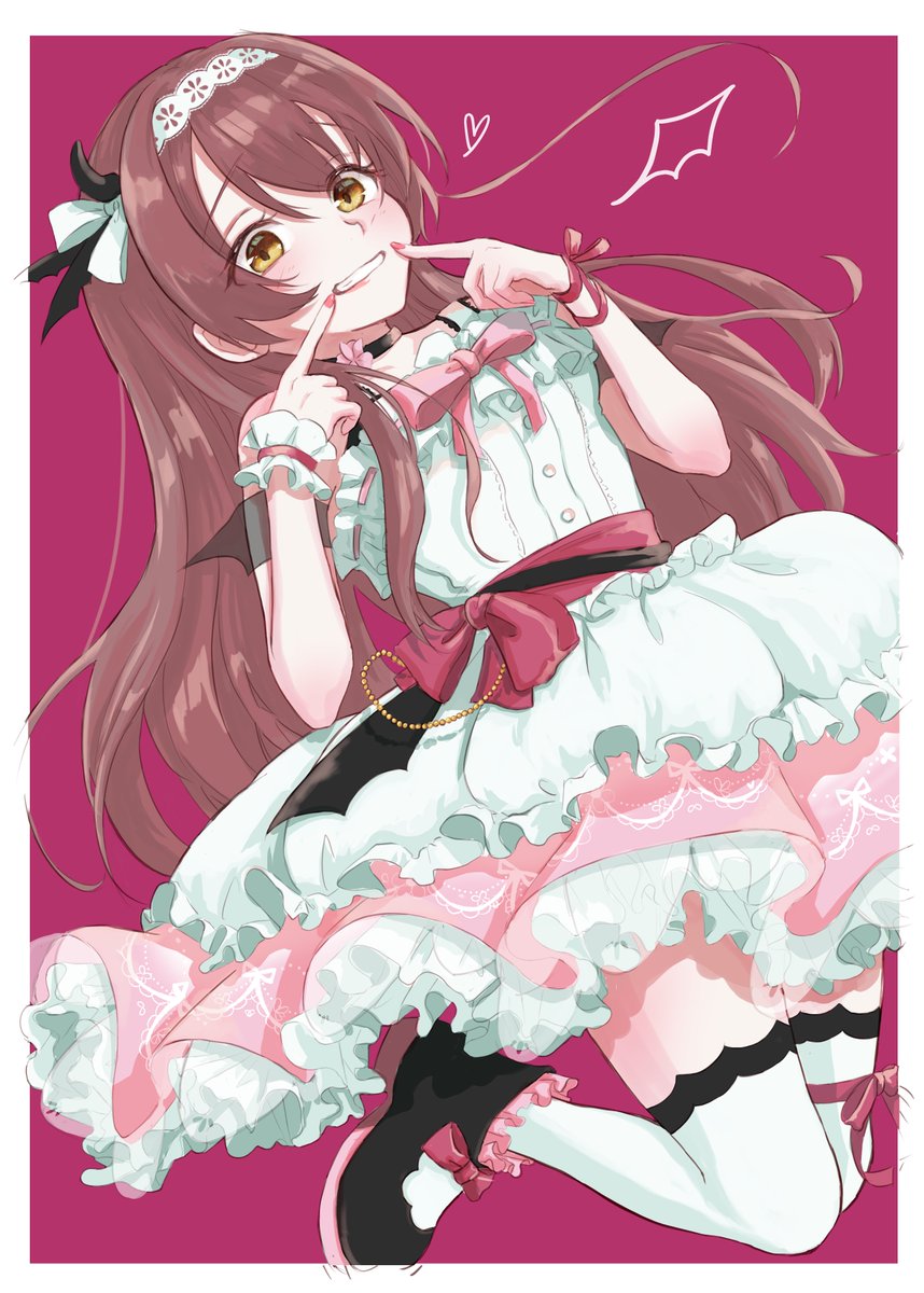 1girl, dress, fingersmile, framed, frilled_wristband, frills, headdress, heart