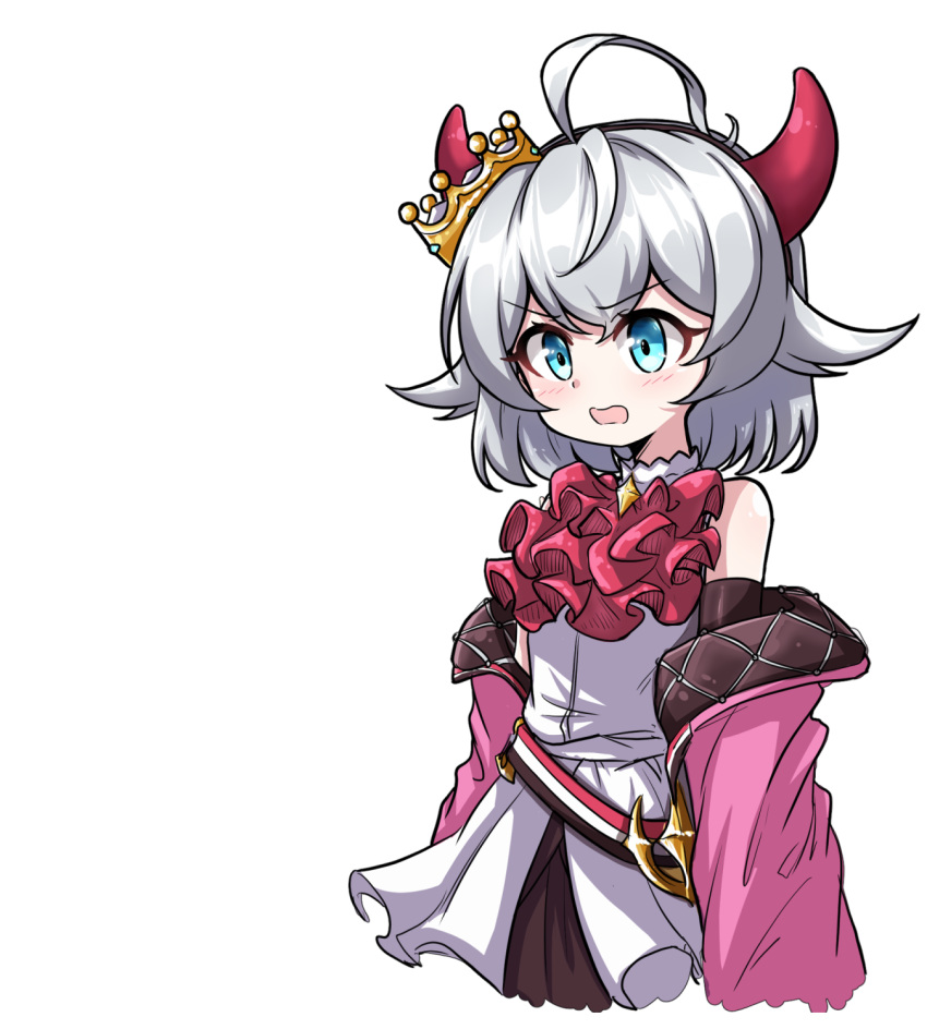 1girl, ahoge, ascot, bangs, bare_shoulders, bd_mmst, black_skirt, blue_eyes, blush, brooch, commentary_request, counter:side, crown, demon_horns, dress, frilled_ascot, frills, highres, horn_ornament, horns, jacket, jewelry, korean_commentary, long_sleeves, looking_away, medium_hair, mini_crown, momo_(counter:side), off_shoulder, open_clothes, open_jacket, open_mouth, pink_jacket, red_horns, simple_background, skirt, sleeveless, solo, upper_body, v-shaped_eyebrows, wavy_mouth, white_background, white_dress, white_hair