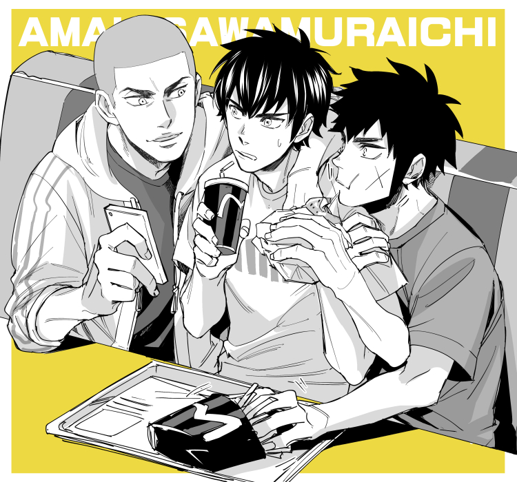 3boys, ace_of_diamond, amahisa_kousei, arm_on_shoulder, black_hair, booth_seating, burger, buzz_cut