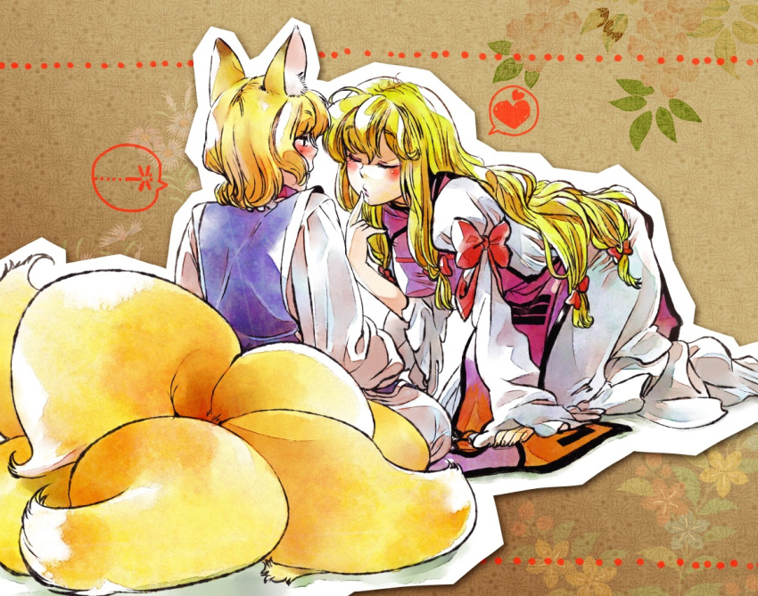 2girls, all_fours, animal_ears, blonde_hair, blush, closed_eyes, finger_to_mouth, fox_ears