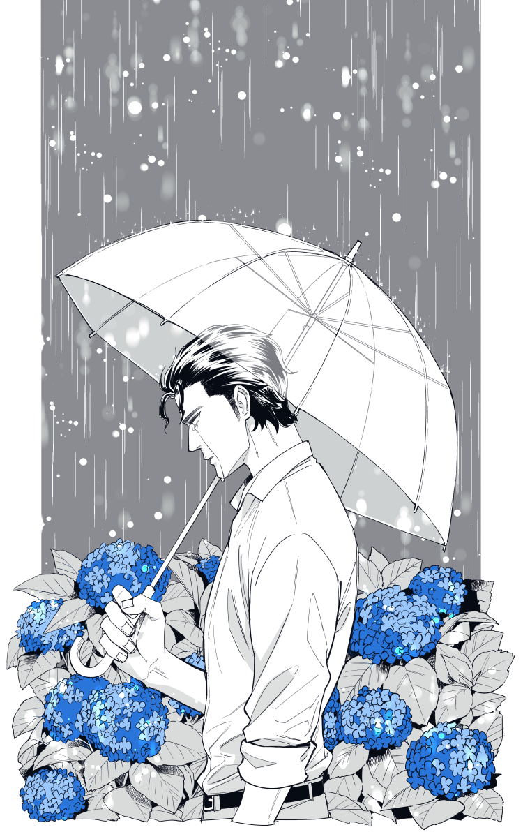 1boy, ace_of_diamond, belt, black_hair, egg_(cknlun), flower, grey_background, highres
