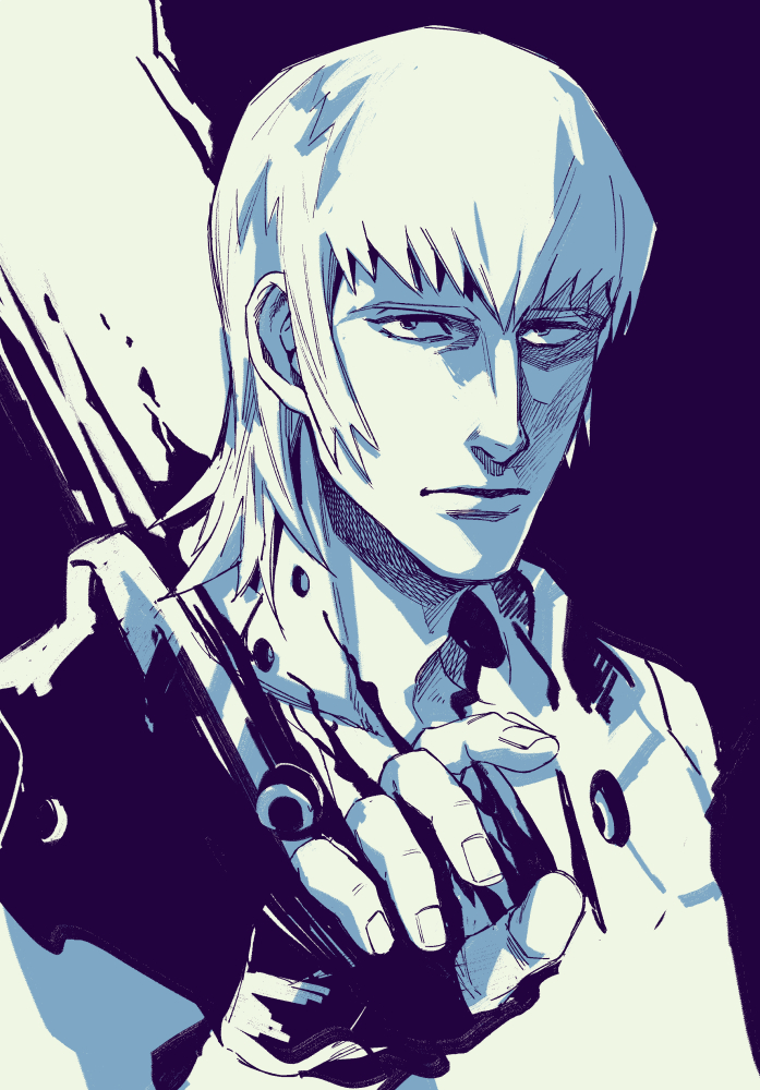 1boy, egg_(cknlun), fingerless_gloves, gloves, hand_up, looking_at_viewer, male_focus, medium_hair