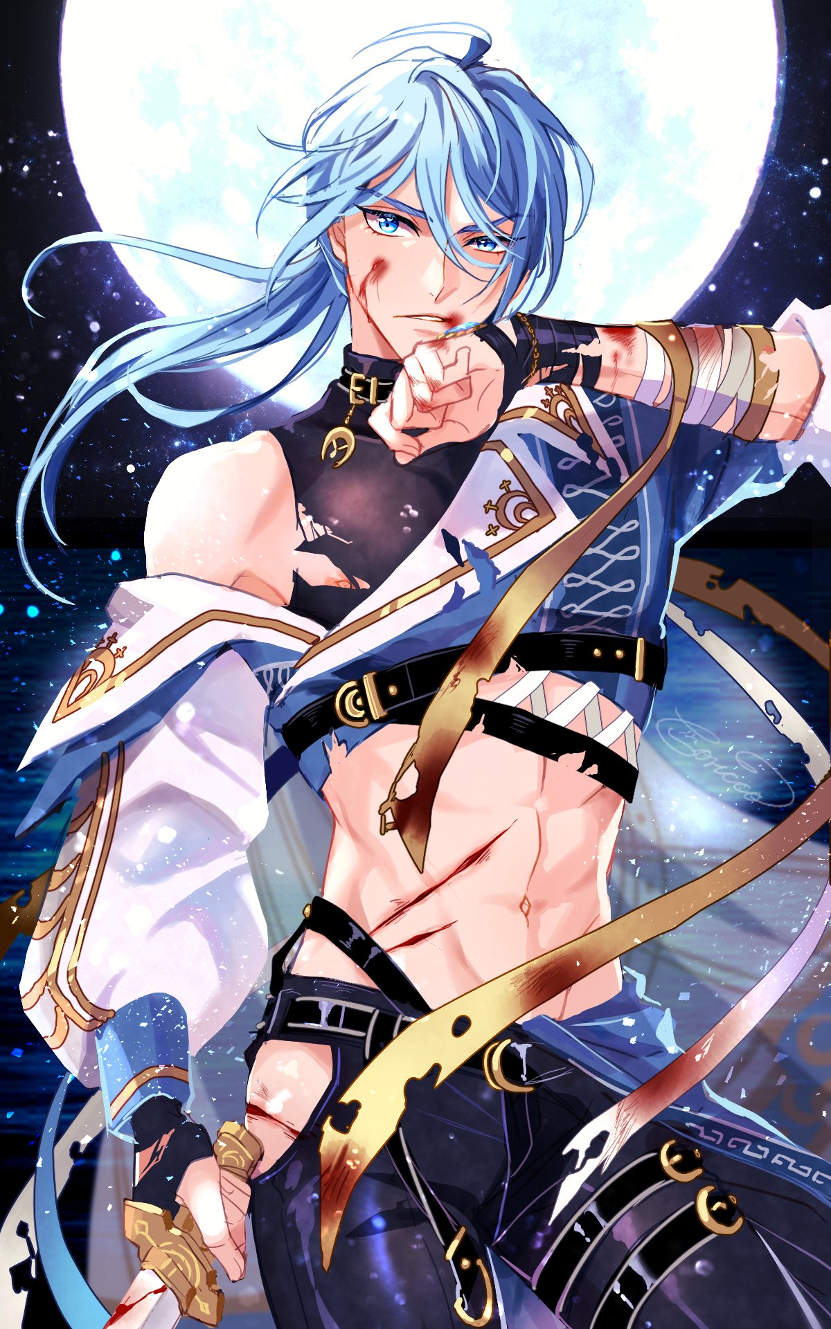 1boy, bleeding, blood, blood_on_face, blue_eyes, blue_hair, clothing_cutout, edmond_(nu_carnival), full_moon, highres, holding, holding_sword, holding_weapon, injury, light_blue_hair, long_hair, long_sleeves, looking_at_viewer, low_ponytail, male_focus, mobugorilla, moon, nu_carnival, solo, sword, torn_clothes, weapon