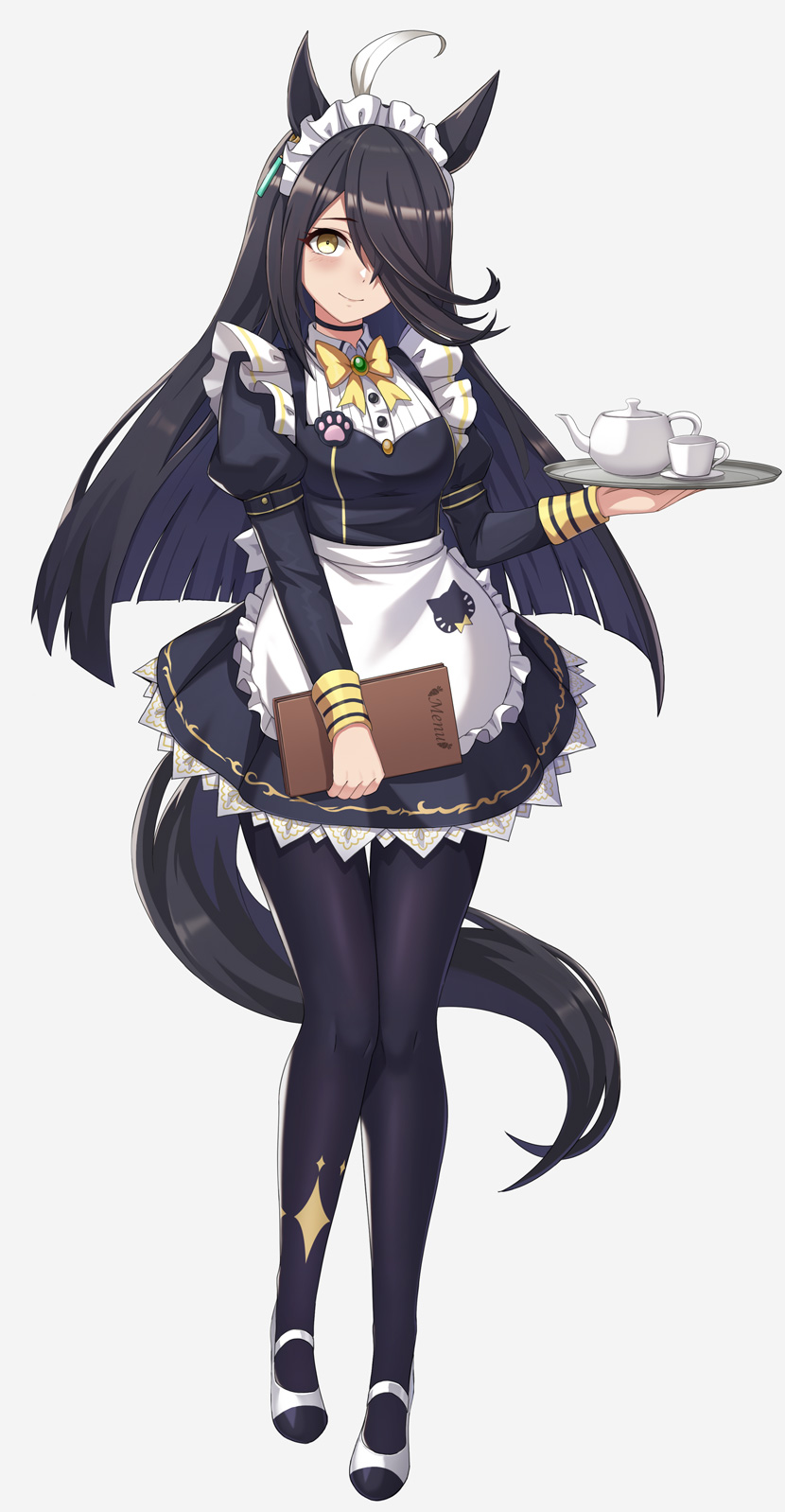 1girl, ahoge, animal_ears, black_choker, black_hair, black_pantyhose, black_skirt, bow