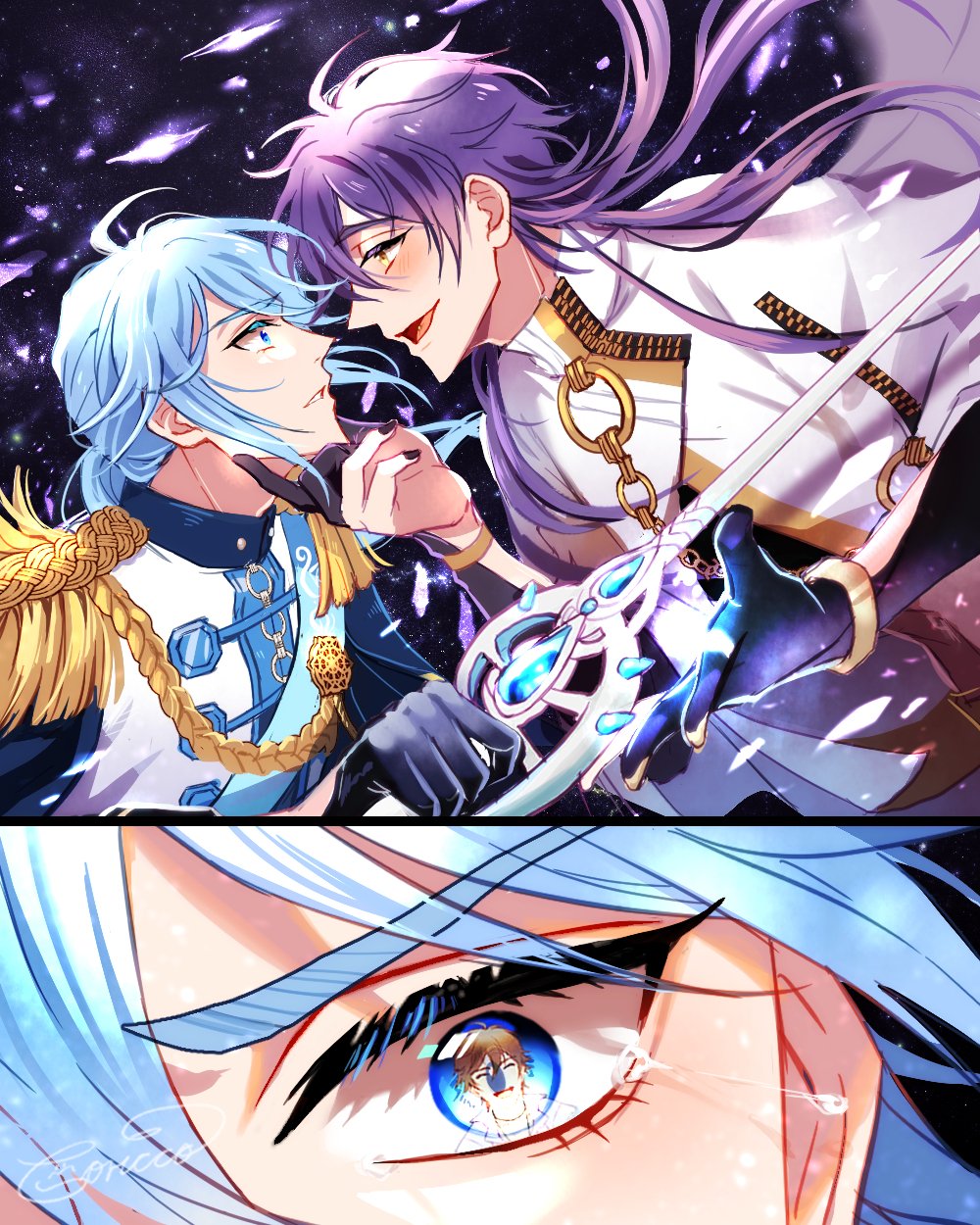 2boys, blue_eyes, blue_hair, blush, edmond_(nu_carnival), eye_focus, eye_reflection, face-to-face