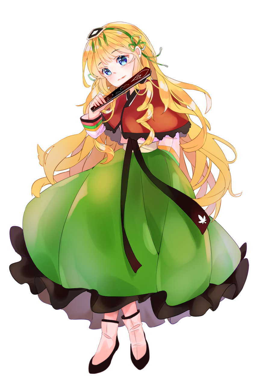 1girl, alicia_(maplestory), blonde_hair, blue_eyes, folding_fan, green_hanbok, green_ribbon, hair_ribbon, hanbok, hand_fan, highres, holding, holding_fan, korean_clothes, long_hair, maplestory, ribbon, solo, tarot_kim, very_long_hair, white_footwear