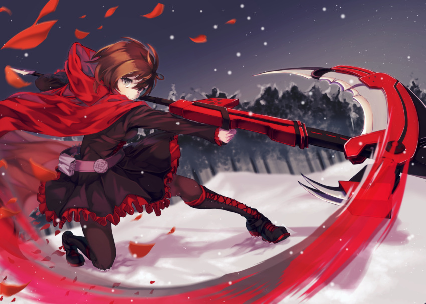 1girl, black_dress, black_footwear, black_pantyhose, boots, brown_hair, cape, closed_mouth, crescent_rose, dress, gradient_hair, grey_eyes, hood, hood_down, hooded_cape, knee_boots, long_sleeves, multicolored_hair, one_knee, online_neet, outdoors, pantyhose, red_cape, redhead, ruby_rose, rwby, short_dress, short_hair, smile, snow, snowing, solo