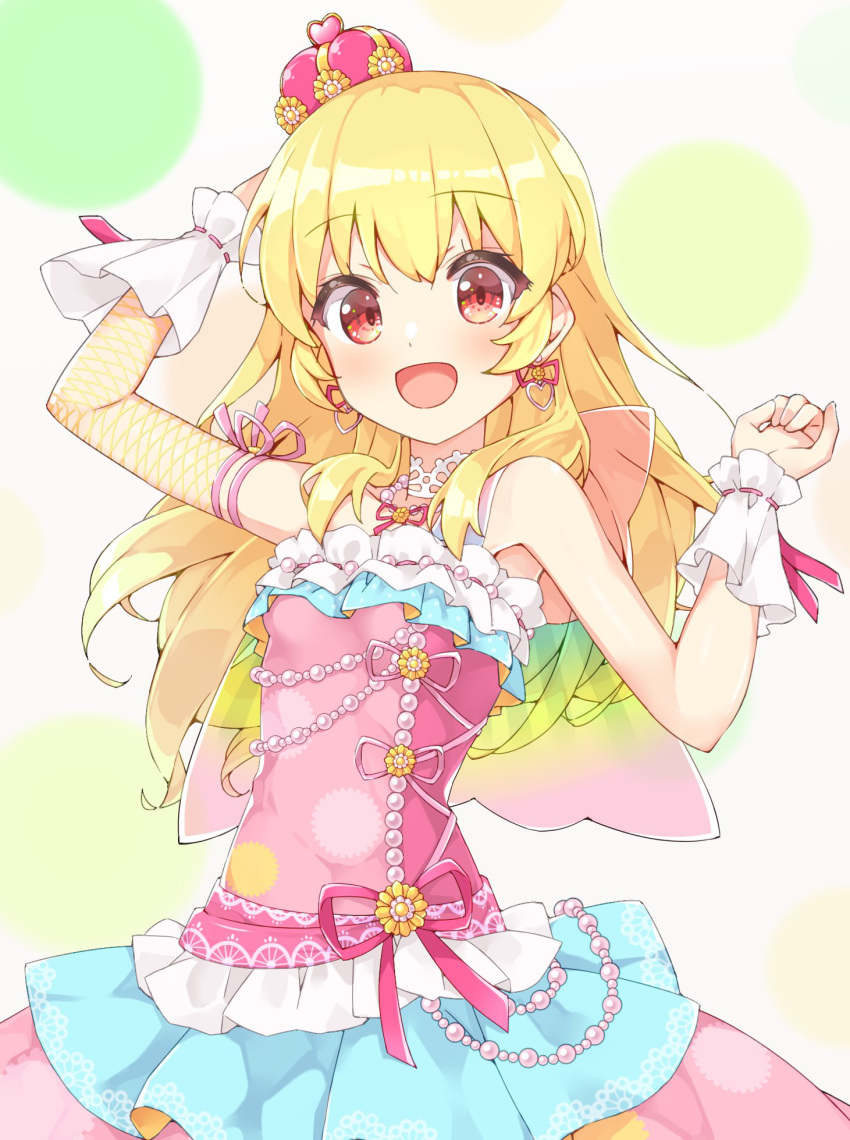 1girl, :d, aikatsu!, aikatsu!_(series), armpits, asymmetrical_sleeves, blonde_hair, blue_skirt