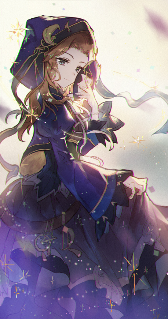 1girl, black_skirt, blue_eyes, brown_hair, closed_mouth, floating_hair, florence_(granblue_fantasy), gloves