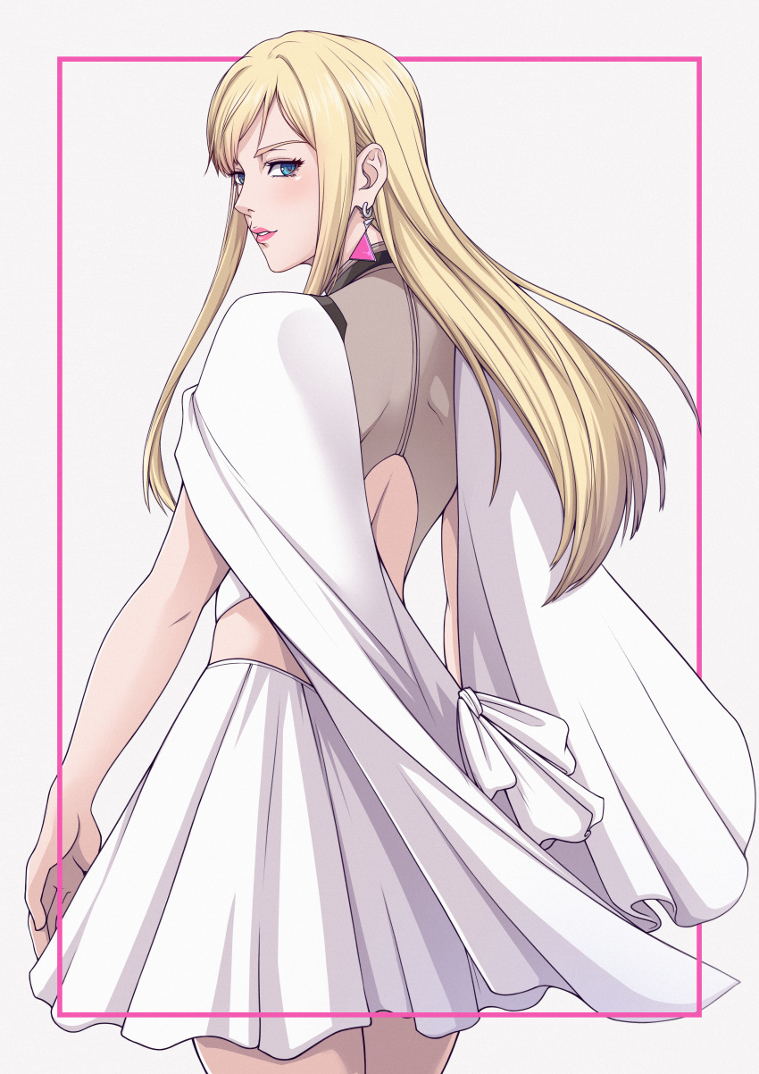 1girl, absurdres, blonde_hair, blue_eyes, blueriest, bow, cowboy_shot, earrings, framed, gigi_andalusia, grey_background, gundam, gundam_hathaway's_flash, highres, jewelry, long_hair, looking_at_viewer, looking_back, miniskirt, parted_lips, pleated_skirt, shiny, shiny_hair, shoulder_blades, skirt, solo, standing, straight_hair, triangle_earrings, white_bow, white_skirt