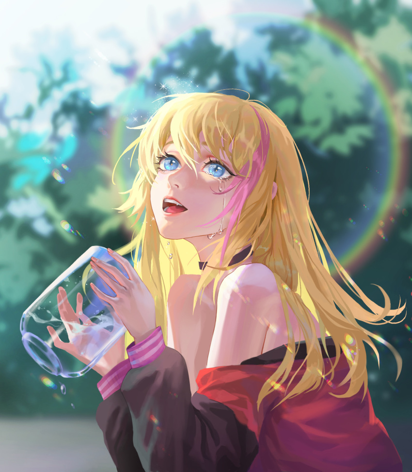 1girl, :d, bangs, black_choker, black_sleeves, blonde_hair, blue_eyes, blurry, blurry_background, choker, clothes_down, crying, crying_with_eyes_open, day, hair_between_eyes, highres, holding, kawai_rika, kubing_aaa, long_hair, long_sleeves, multicolored_hair, open_mouth, outdoors, pink_hair, red_sweater, smile, solo, straight_hair, streaked_hair, sweater, tears, two-tone_hair, upper_body, wonder_egg_priority