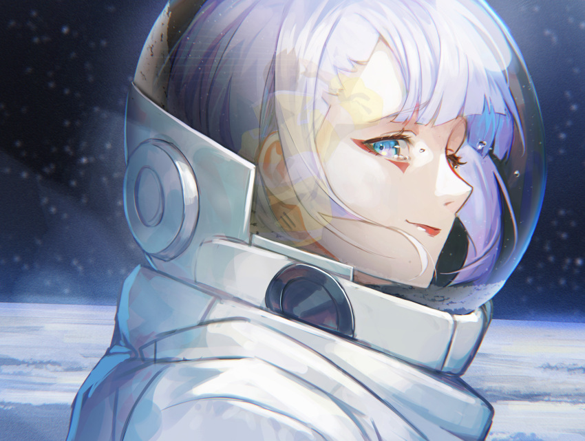 1girl, absurdres, bangs, blue_eyes, blunt_bangs, crying, crying_with_eyes_open, cyberpunk_(series), cyberpunk_edgerunners, david_martinez, dejio, eyeshadow, floating_hair, from_side, highres, looking_at_viewer, looking_back, lucy_(cyberpunk), makeup, on_moon, portrait, purple_hair, red_eyeshadow, red_lips, reflection, short_hair, sky, smile, solo, space, space_helmet, spacesuit, star_(sky), starry_sky, tears