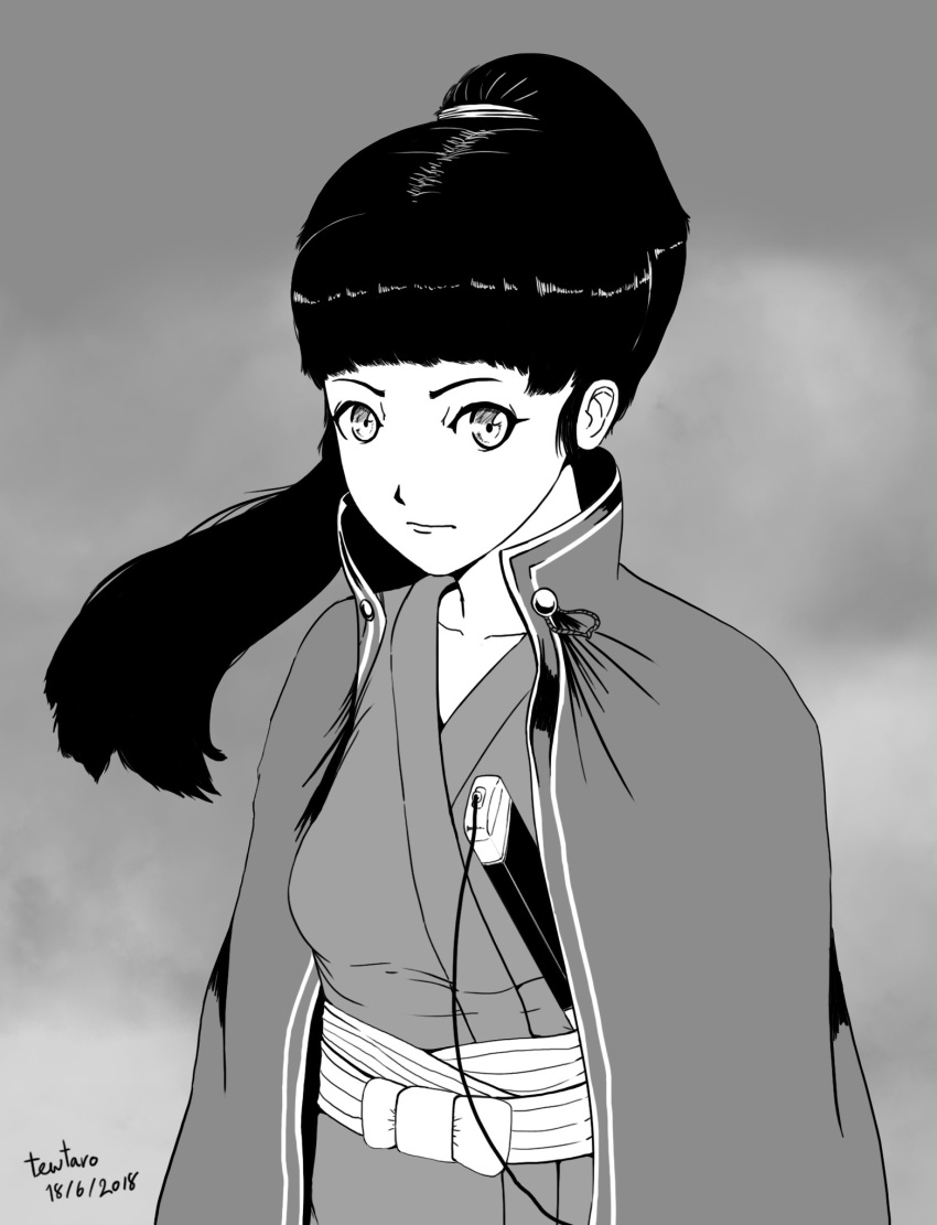 1girl, azumi_(azumi), azumi_(series), bangs, cape, highres, japanese_clothes, long_hair, monochrome, ponytail, solo_focus, sword, tewtaro, weapon