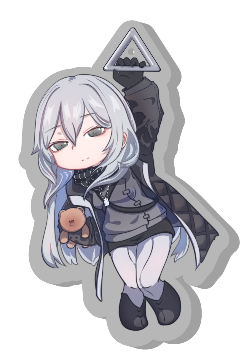 1girl, black_footwear, black_jacket, black_skirt, chibi, expressionless, full_body, girls_frontline