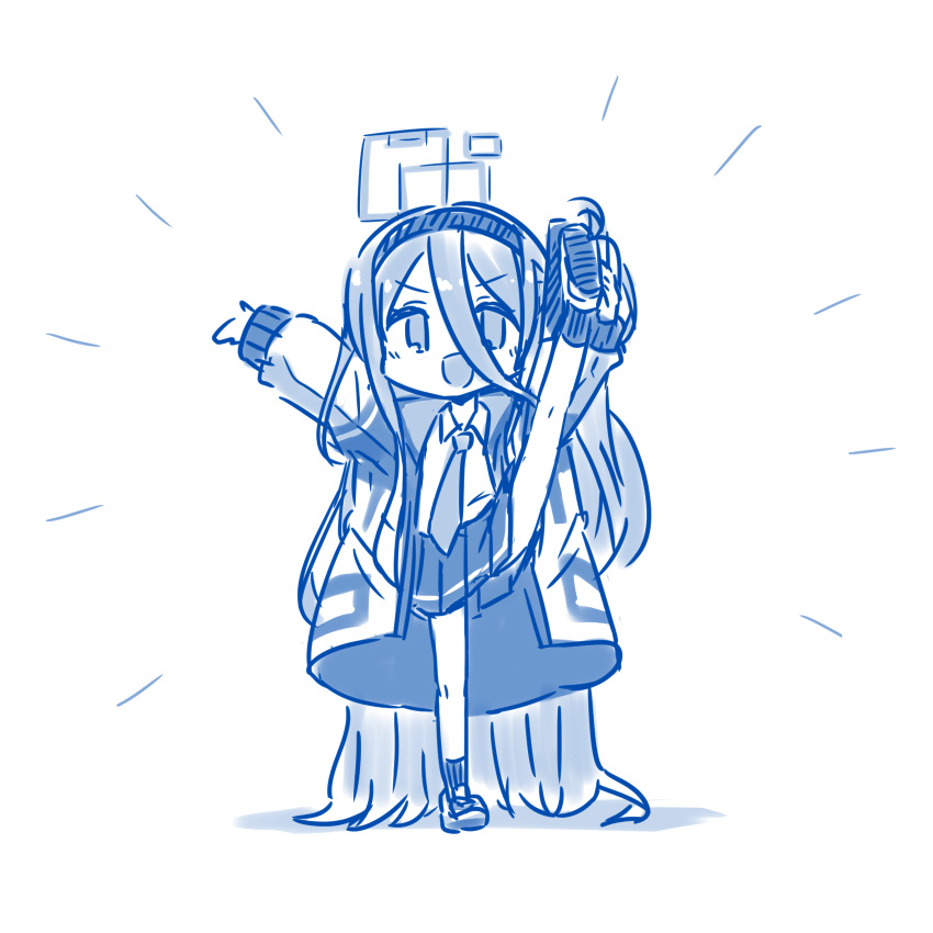 1girl, :d, absurdly_long_hair, arisu_(blue_archive), arms_up, bangs, blue_archive, blue_theme