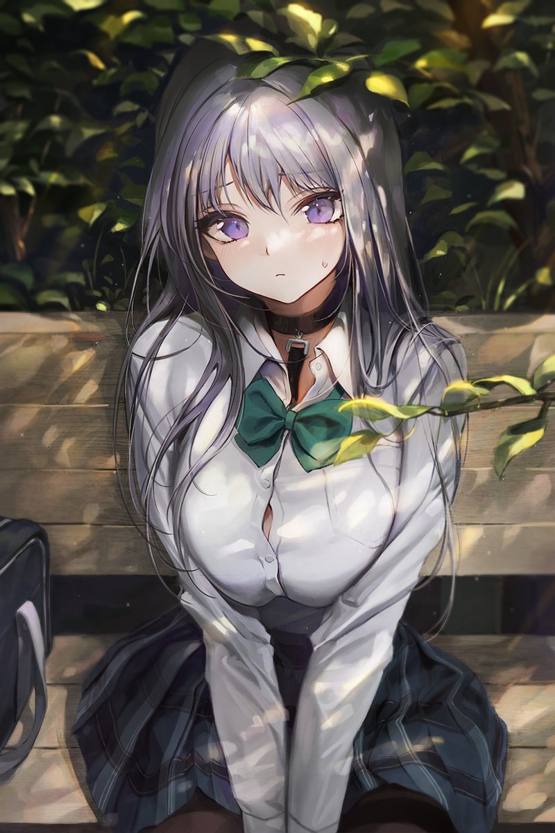 1girl, bag, bangs, bench, blue_skirt, blush, bow, bowtie