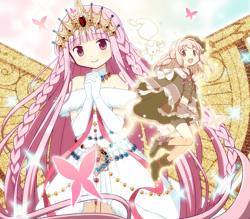 2girls, ankle_boots, bare_shoulders, beret, blush, boots, braid, brown_capelet