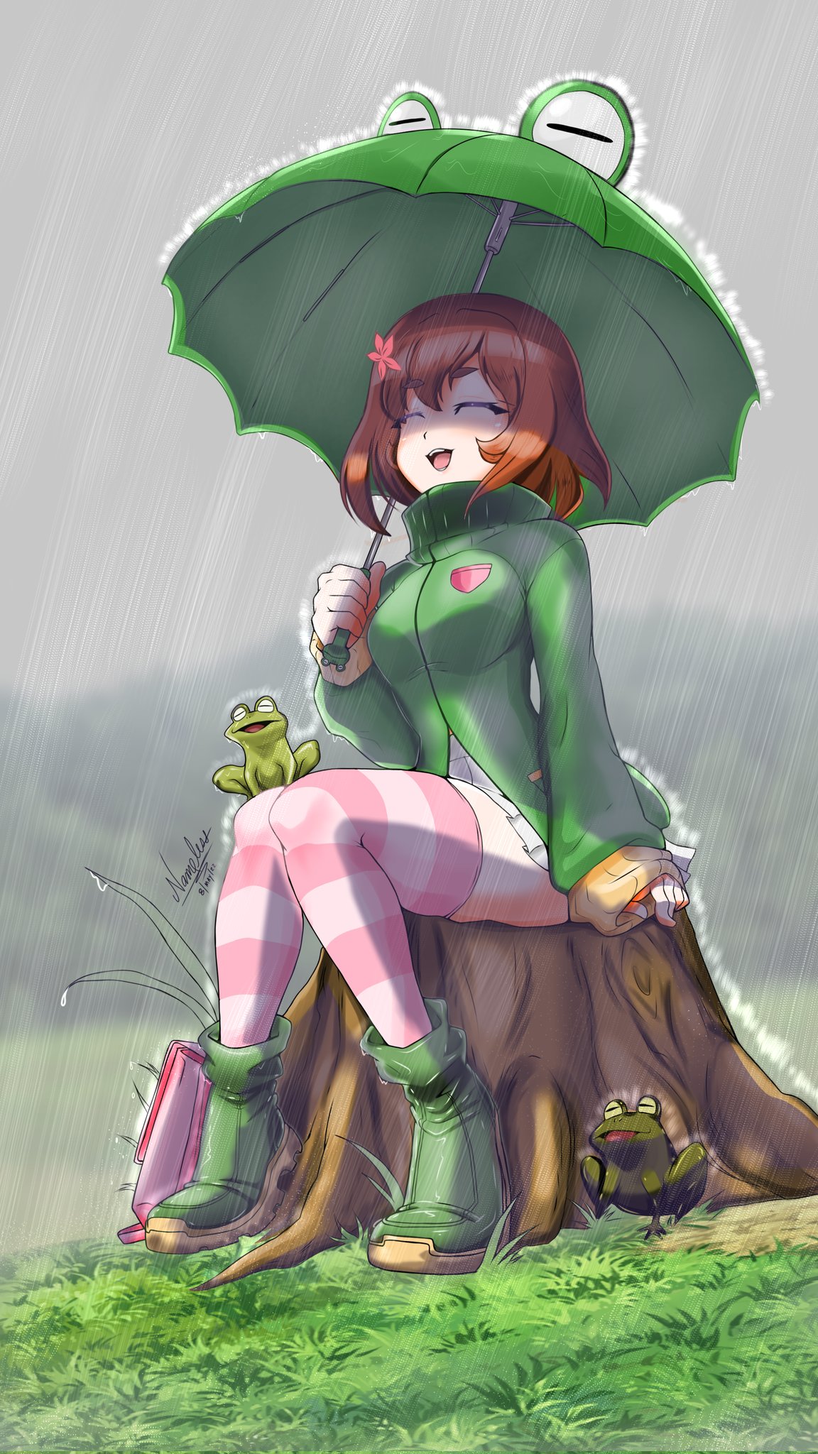 1girl, :d, animal, animal-themed_umbrella, artist_name, bag, blush, boots